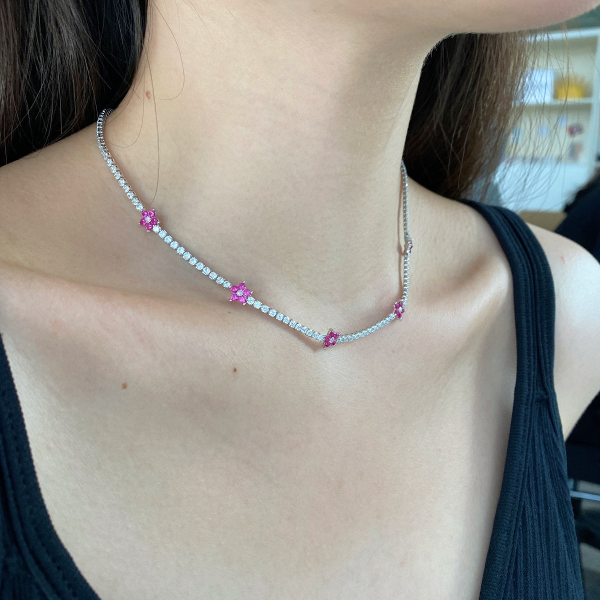 Angela Jewelry]Luxurious Colorful Flower Tennis Necklace