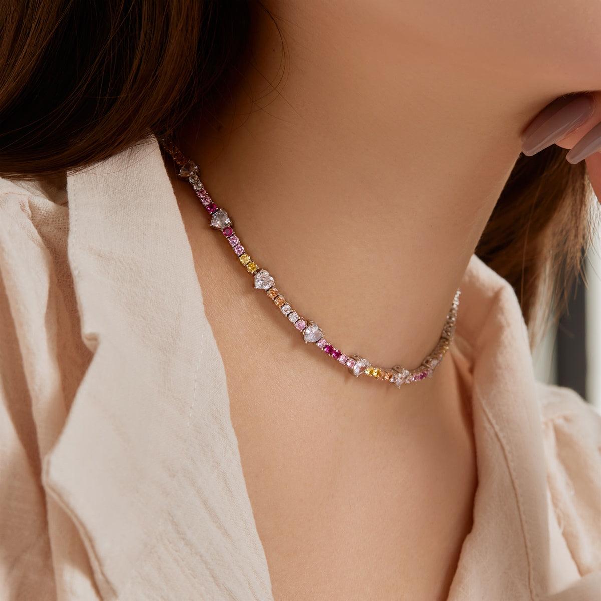 Angela Jewelry]Delicate Colorful Rainbow Tennis Chain