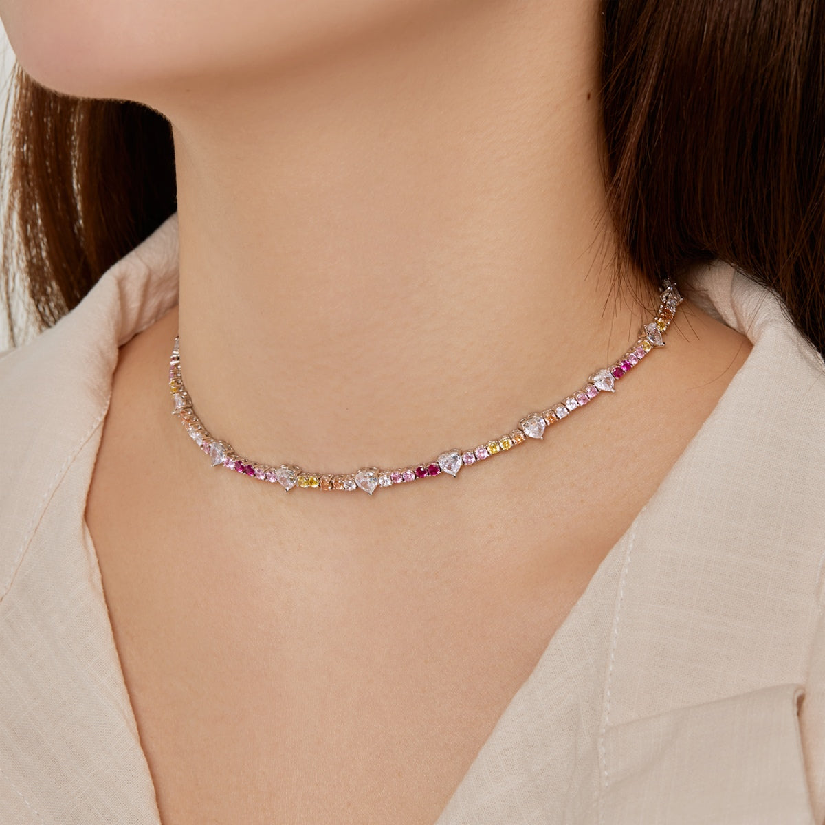 Angela Jewelry]Delicate Colorful Rainbow Tennis Chain