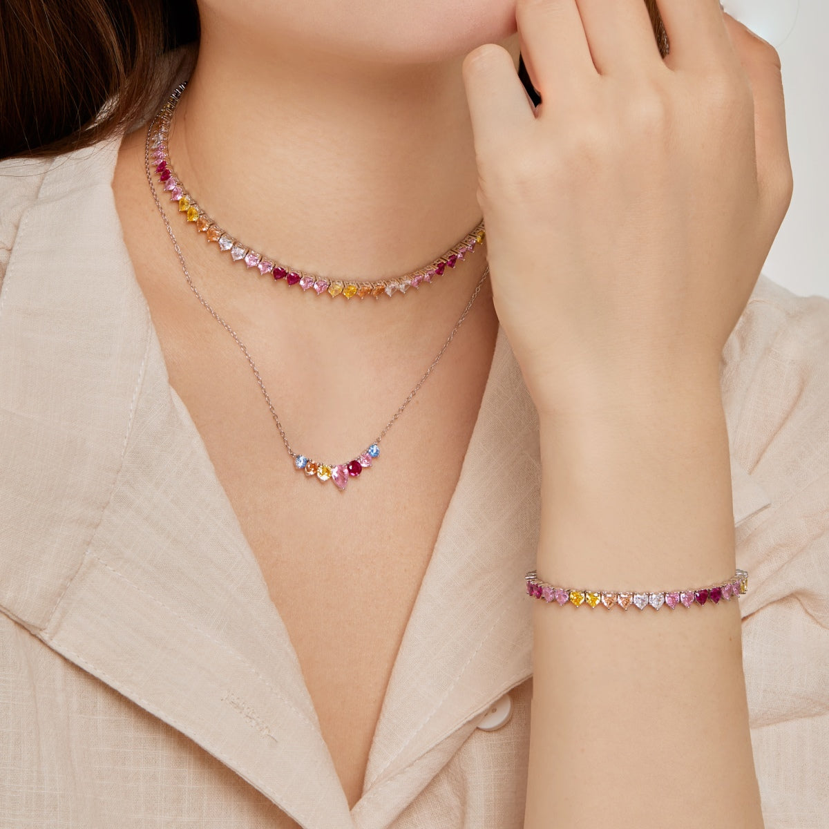 Angela Jewelry]Sparkling Colorful Full Heart Tennis Necklace