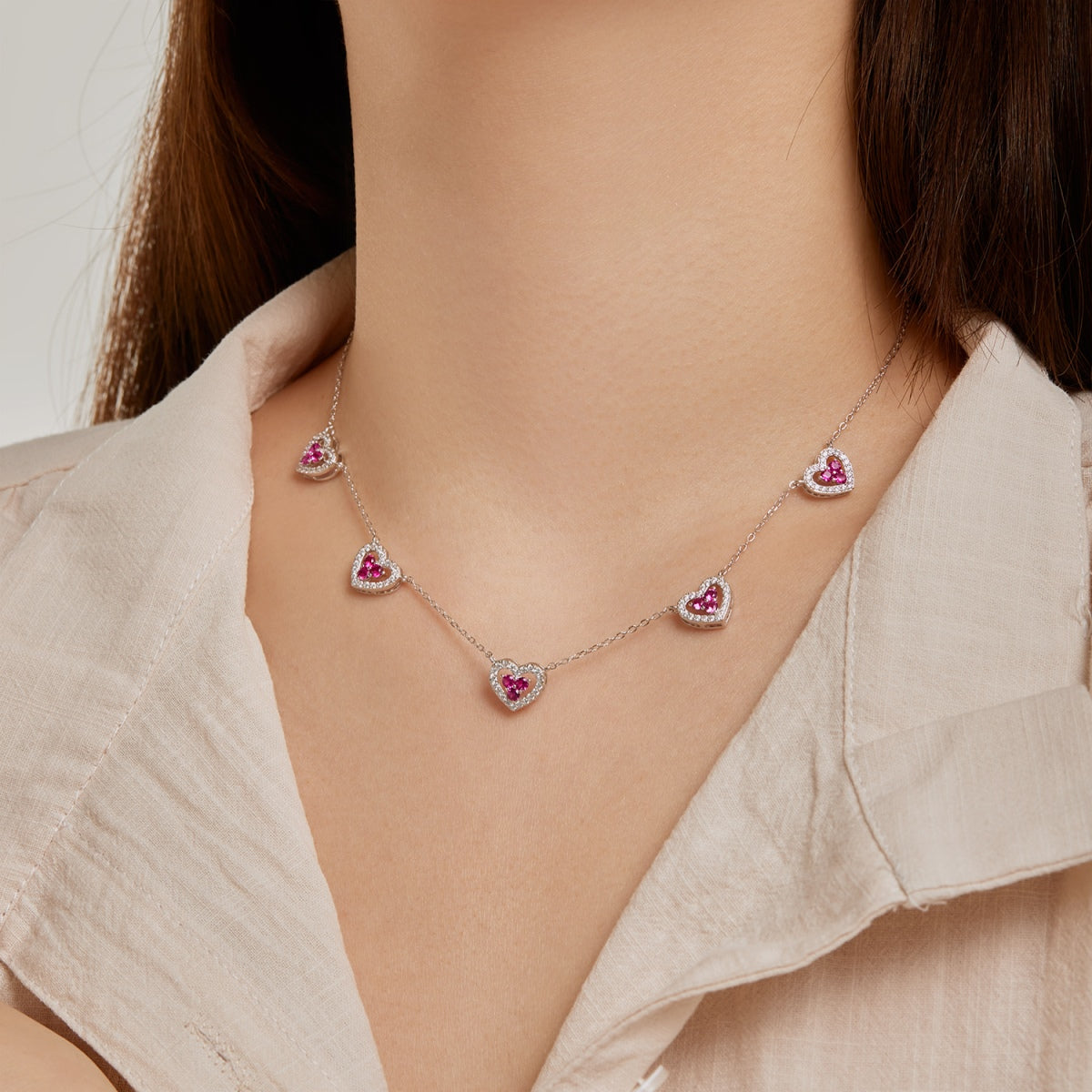 Angela Jewelry]Sparkling Five Heart Necklace
