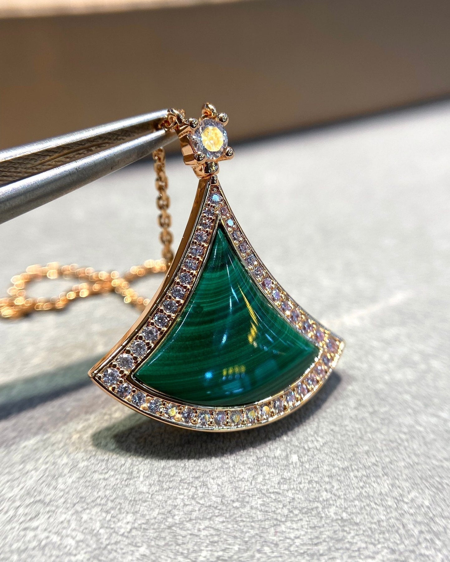 [Angela Jewellery]DREAM MALACHITE DIAMOND PAVED PINK GOLD NECKLACE