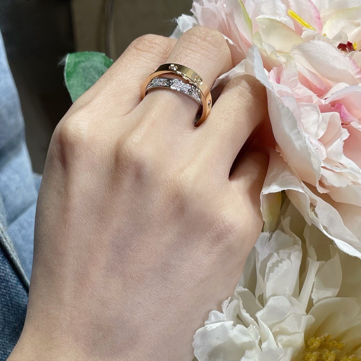 [Angela Jewellery]LOVE PINK GOLD SILVER DIAMOND DOUBLE RING