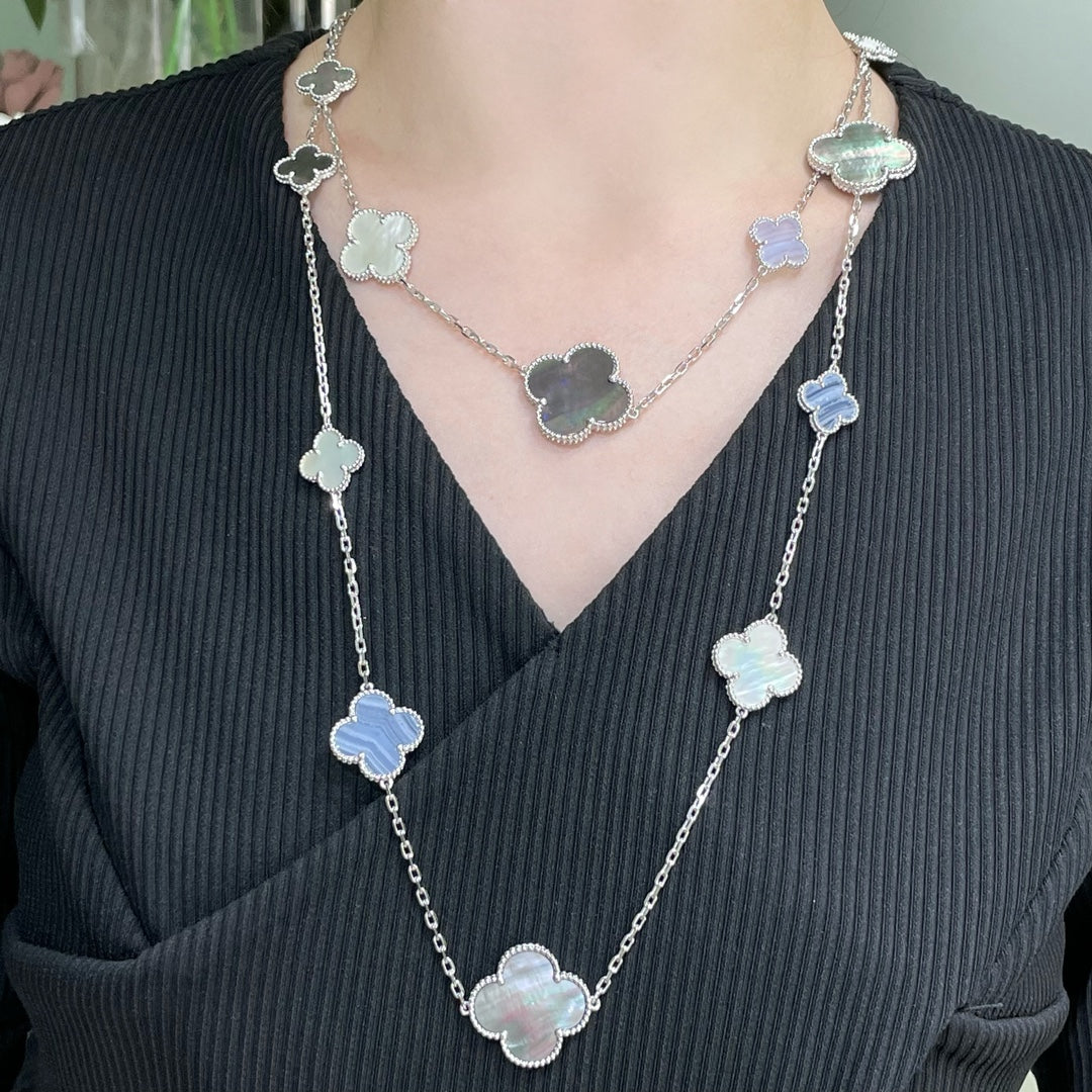 [Angela Jewellery]CLOVER 16 MOTIF CHALCEDONY MOP SILVER NECKLACE