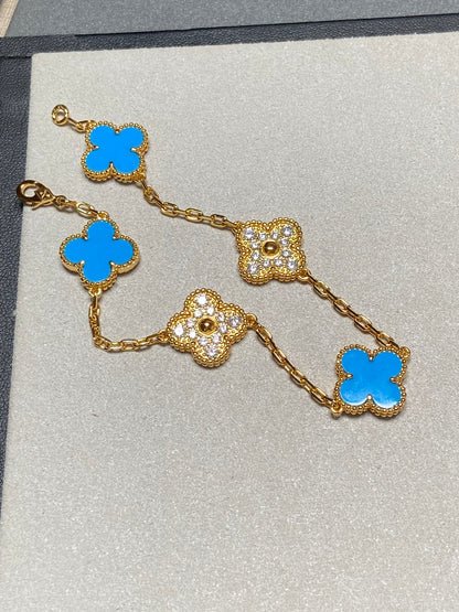 [Angela Jewellery]CLOVER 5 MOTIF BLUE CHALCEDONY DIAMOND GOLD BRACELET