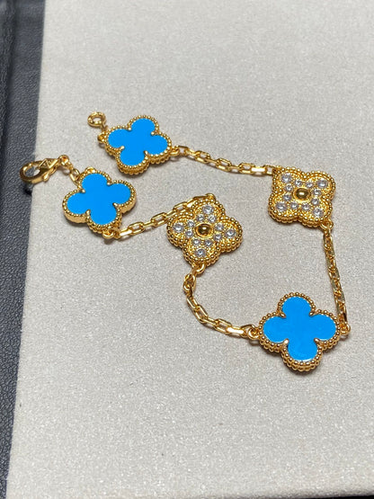 [Angela Jewellery]CLOVER 5 MOTIF BLUE CHALCEDONY DIAMOND GOLD BRACELET