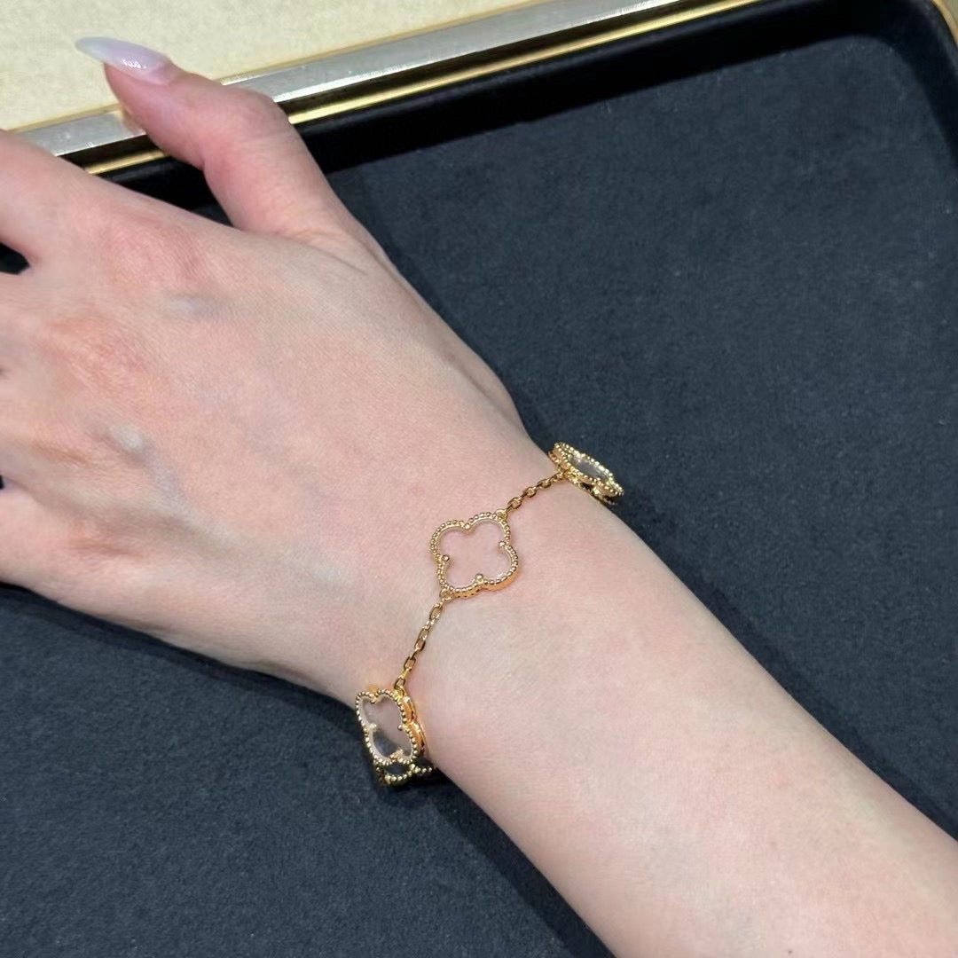 [Angela Jewellery]CLOVER 5 MOTIF ROCK CRYSTAL PINK GOLD BRACELET