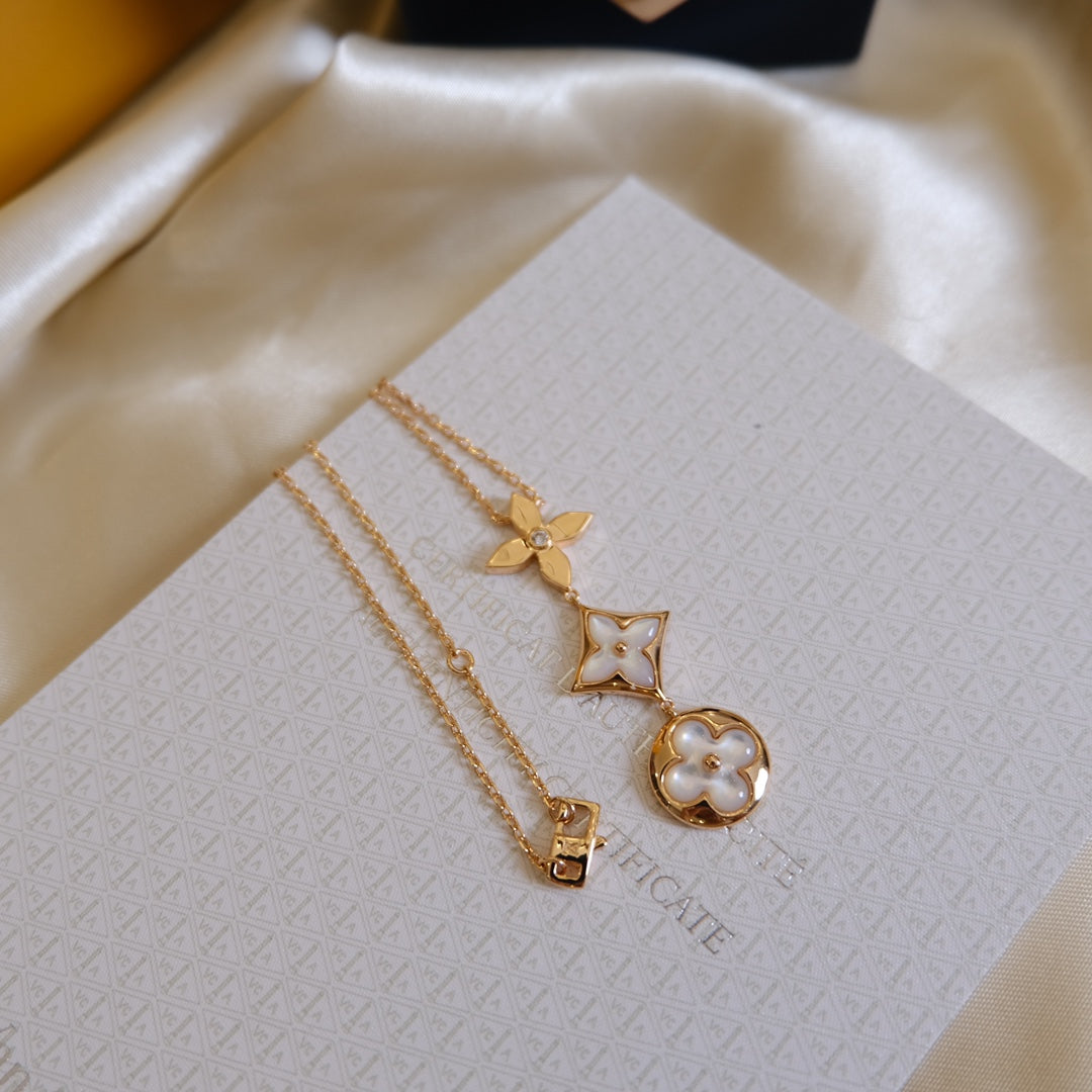 [Angela Jewellery]COLOR BLOSSOM LARIAT NECKLACE PINK GOLD WHITE MOTHER PEARL AND DIAMOND
